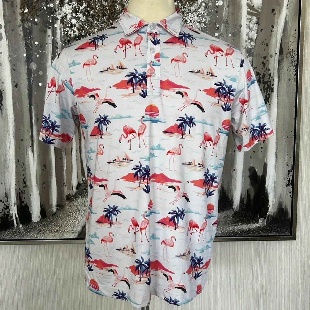 Waggle Men's Flamingo Sunset Short Sleeve Polo - Large - Picture 2 of 8